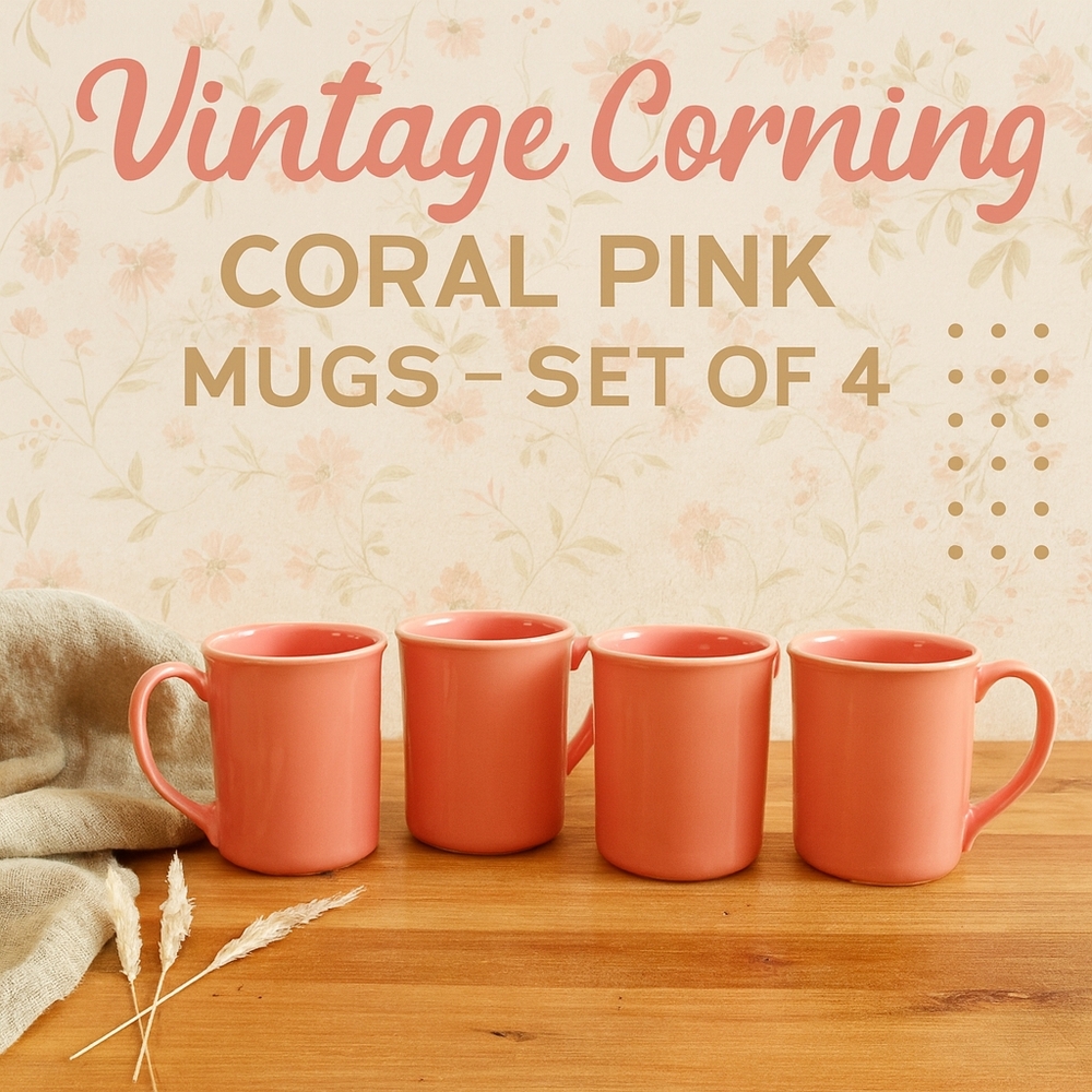 VTG Corning Coral Pink Mugs Set of 4 – 1970s Retro D-Handle Coffee Cups